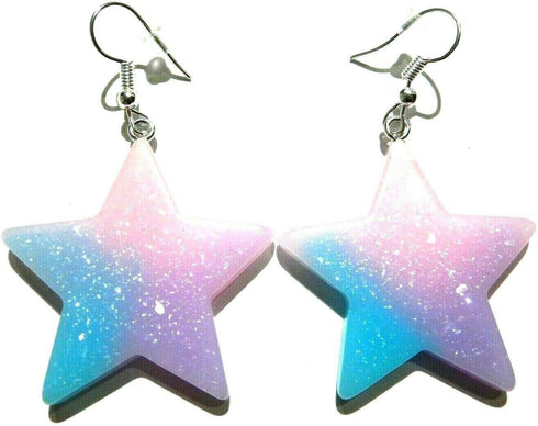 Cotton Candy-colored Glitter Star Earrings on Silvertone Ear Wires pastel goth kawaii pop...